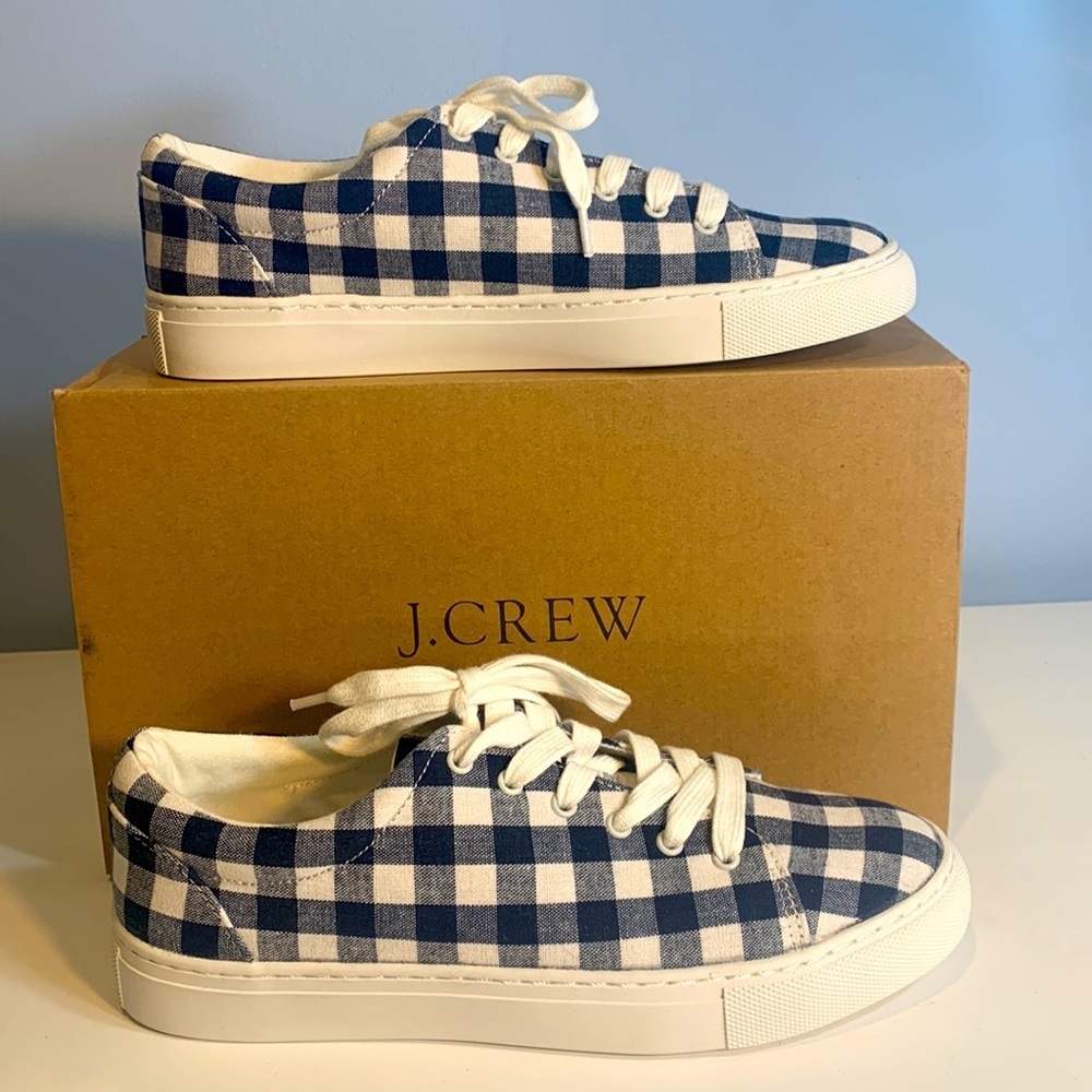 J. Crew Factory Navy Blue Gingham Printed Road Trip Sneakers NEW! - Picture 3 of 8